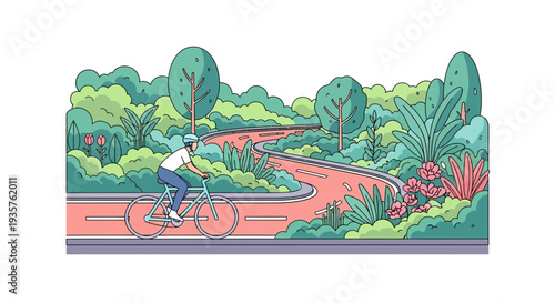 Person Riding Bicycle on Winding Path.