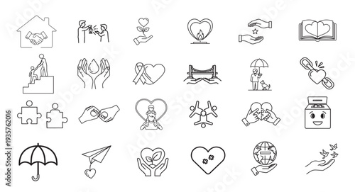 "A Collection of Love and Support Icons Including Hands, Hearts, Family, Partnership, Hope, and Charity Symbols Representing Connection, Care, and Emotional Bonding."