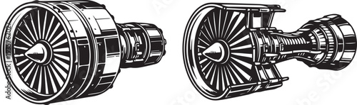 Two distinct jet engine designs are illustrated side by side in a monochrome line art style.