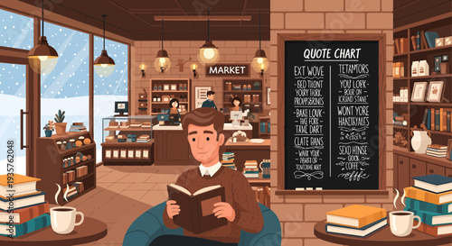 Man reading a book in a cozy cafe.