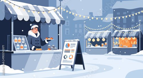 Man selling donuts at winter market stall.