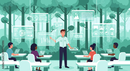 Man teaching students using futuristic holographic displays in a modern classroom.