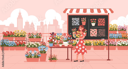 Woman florist arranging beautiful flowers at outdoor stall.