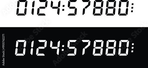 Digital seven segment display font numbers set with black and white versions for clock timer counter electronic device interface design and technological vector illustrations.