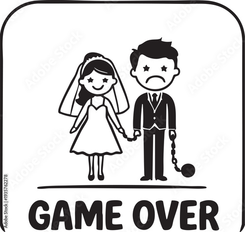 Cartoon unhappy couple in wedding attire with ball and chain game over concept