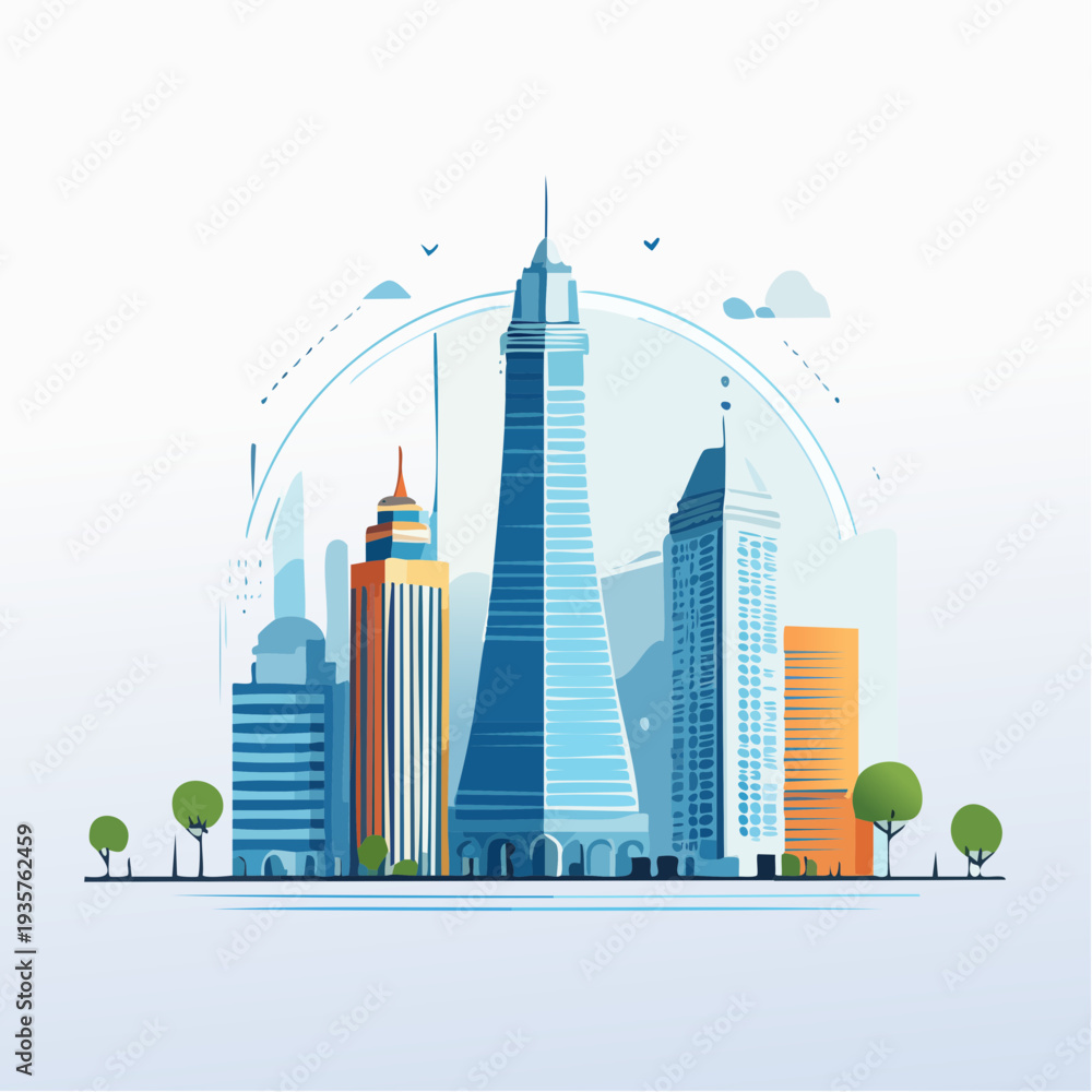 Obraz premium Vibrant Minimalist City Skyline Vector Art Depicting Urban Architecture and Modern Development