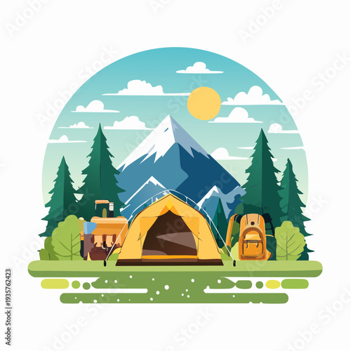 Adventure awaits Vibrant illustration of a campsite nestled amidst mountains and trees