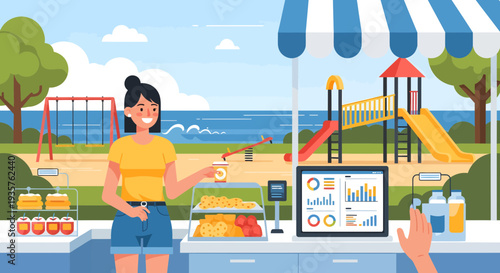 Woman selling drinks at a park kiosk.