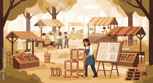 Woman selling crafts at an outdoor market stall.