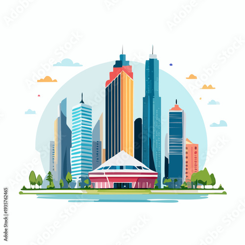 Vibrant urban landscape illustration showcasing modern skyscrapers and diverse architecture in a dynamic city skyline. Ideal for digital media and promotional materials