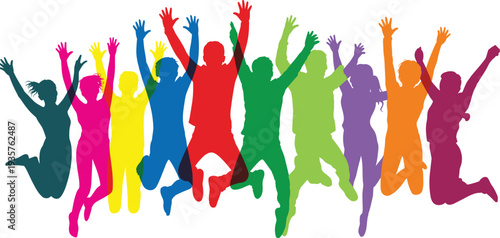 Colorful cheering people silhouettes, happy jumping crowd group celebration, excited team success concept, diverse friends raising hands vector illustration