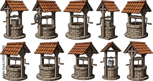 Traditional Water Well Collection with Wooden Roof and Bucket Cartoon Vector Set of Rustic Village Wells and Stone Structures