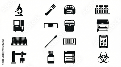 A comprehensive vector collection of essential scientific laboratory equipment and medical diagnostic tools, ideal for illustrating research, analysis, and healthcare processes