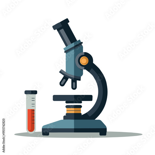 scientific microscope with test tube isolated on transparent background, with copy space, for medical research, laboratory websites and educational presentations