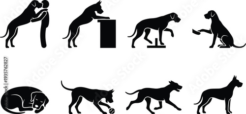Illustration of various dog behaviors in silhouette style for pet-related design applications