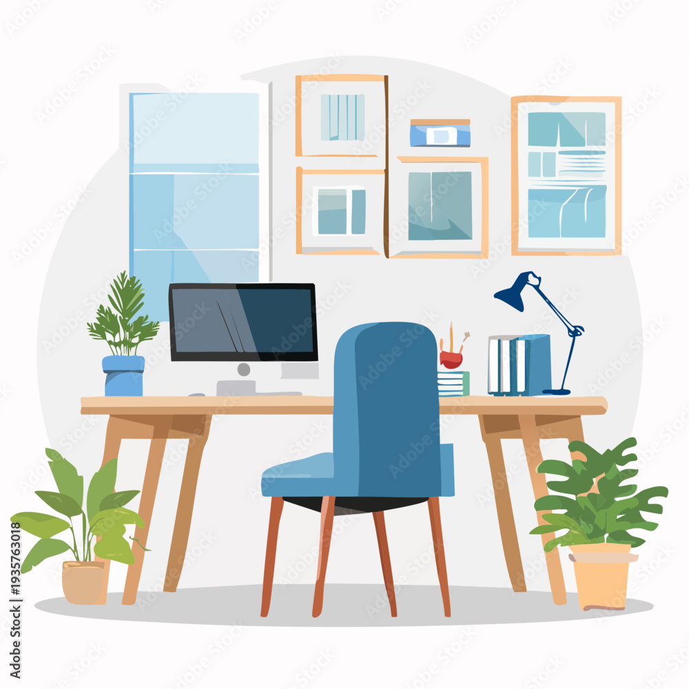 Fototapeta premium Vibrant illustration of a contemporary remote work setup featuring a computer desk, chair, and lush indoor plants