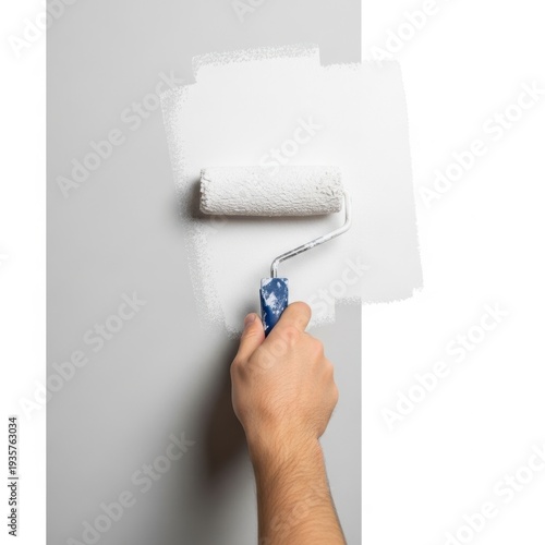 Person painting a wall with a white roller, creating a smooth and even finish isolated on white background
