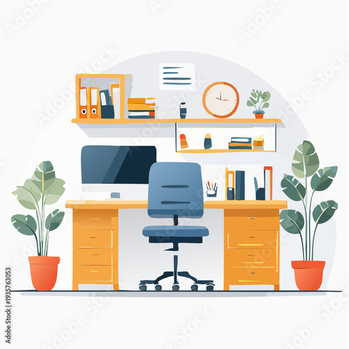 Modern home office desk setup with computer and plants, illustration