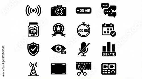 Set of broadcast and media icons including camera, microphone, timer, and signal symbols for content creation and distribution