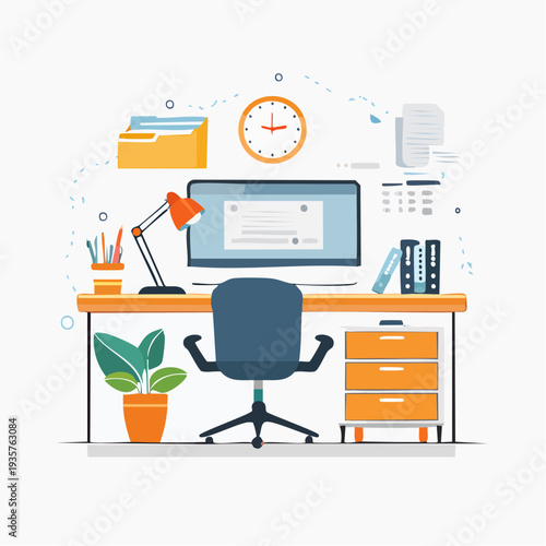 Modern flat design illustration of a productive and tidy home office workspace with essential tools for remote work
