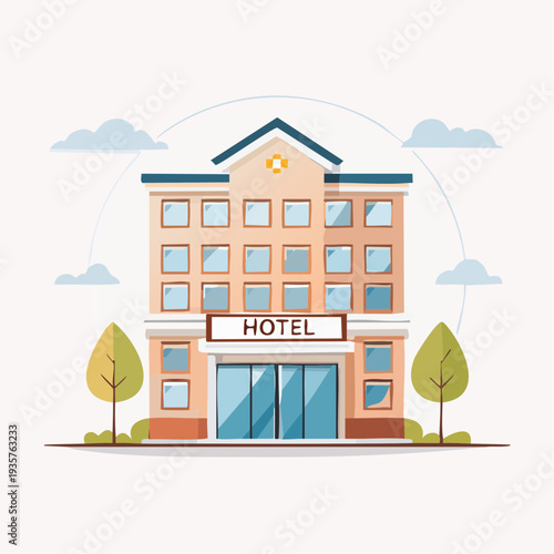 Modern hotel building with large glass doors and trees