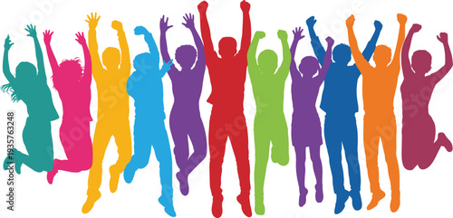 Colorful jumping people silhouettes set, happy crowd celebrating with raised hands, vibrant flat vector illustration of energetic youth group