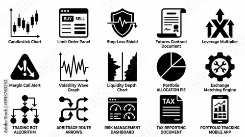 Vector icon set of modern financial technology tools for trading operations, market analysis, and investment management, supporting business strategy and fintech solutions