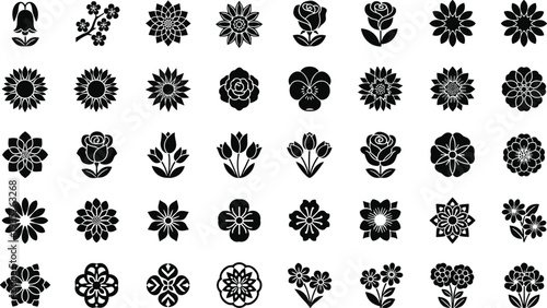 Black floral silhouette collection featuring roses, sunflowers, tulips and decorative blossom icons vector set isolated on white background for design and craft