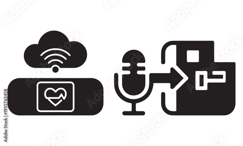 Cloud sync of health data from wearable device with microphone icon to computer, signifying remote monitoring and digital health technology.