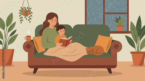 Mother and Child Reading Together on a Sofa in a Cozy Living Room.