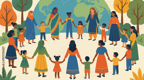 Diverse group of people holding hands around the world.