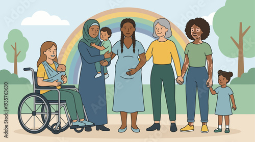 Diverse group of women and children standing together in a park with a rainbow.