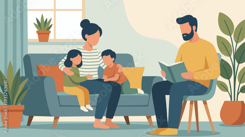 Family bonding time with father reading to children in a cozy living room.