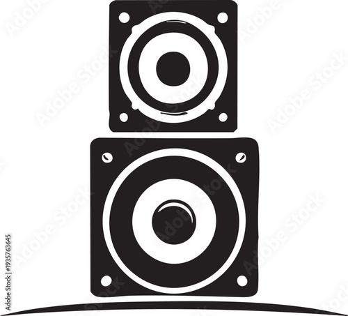 Black and white illustration of two stacked speakers with white accents on a plain background