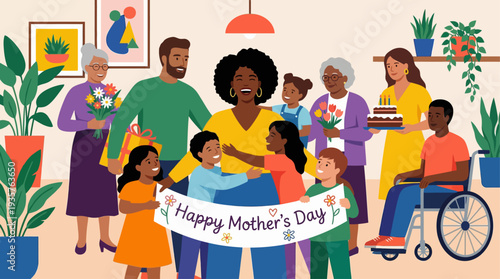 Happy Mother's Day celebration with diverse family gathering.