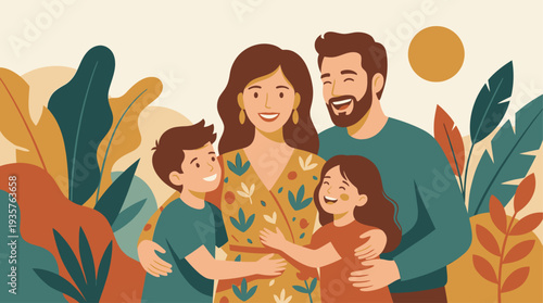 Happy Family with Children Embracing in a Lush Garden Setting.