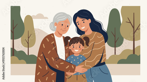 Illustration of three generations of women embracing in a serene park.
