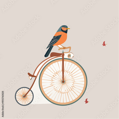 Vintage cycling bird a vibrant robin gracefully balances atop a classic penny-farthing bicycle illustration