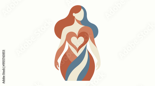 Stylized illustration of a woman with flowing hair and a heart-shaped dress.
