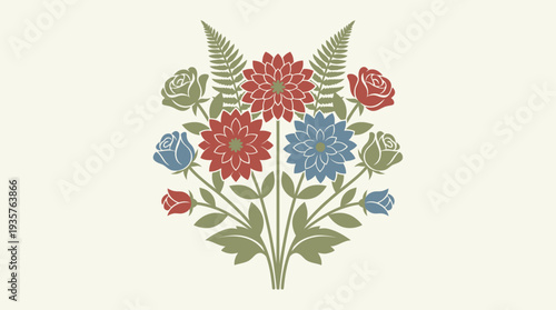 Colorful floral arrangement with red and blue flowers.