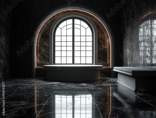 Dark marble floor reflects arched window light. Stone tub sits beneath glowing window frame. Ancient architecture creates dramatic, moody atmosphere. Light filters through grid-patterned glass panes