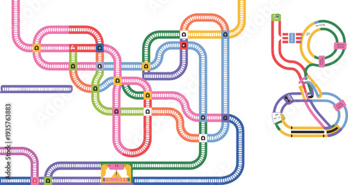 Colorful subway metro map infographic, abstract transportation network routes, urban transit diagram, railway line connections, modern public transport system vector illustration