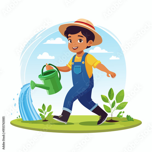Young boy happily watering plants in a garden, fostering growth and nature's beauty