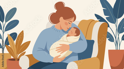 Mother gently holding her newborn baby in a cozy armchair.