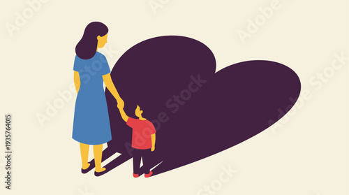 Mother holding child's hand with a large heart in the background.