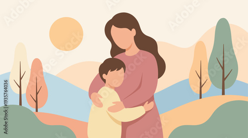 Mother embracing child in a serene landscape with pastel colors and rolling hills.