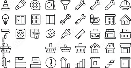 Construction and home repair line icons set, building tools, renovation equipment, house improvement outline vector collection