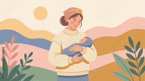 Mother holding baby in a serene landscape.