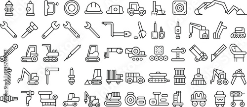 Construction machinery and heavy equipment line icons set, excavator, bulldozer, crane, industrial vehicles outline vector collection