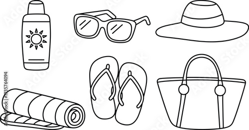 A Collection of Summer Essentials Including Sunglasses, Flip Flops, a Hat, a Towel, a Bag, and Sunscreen
